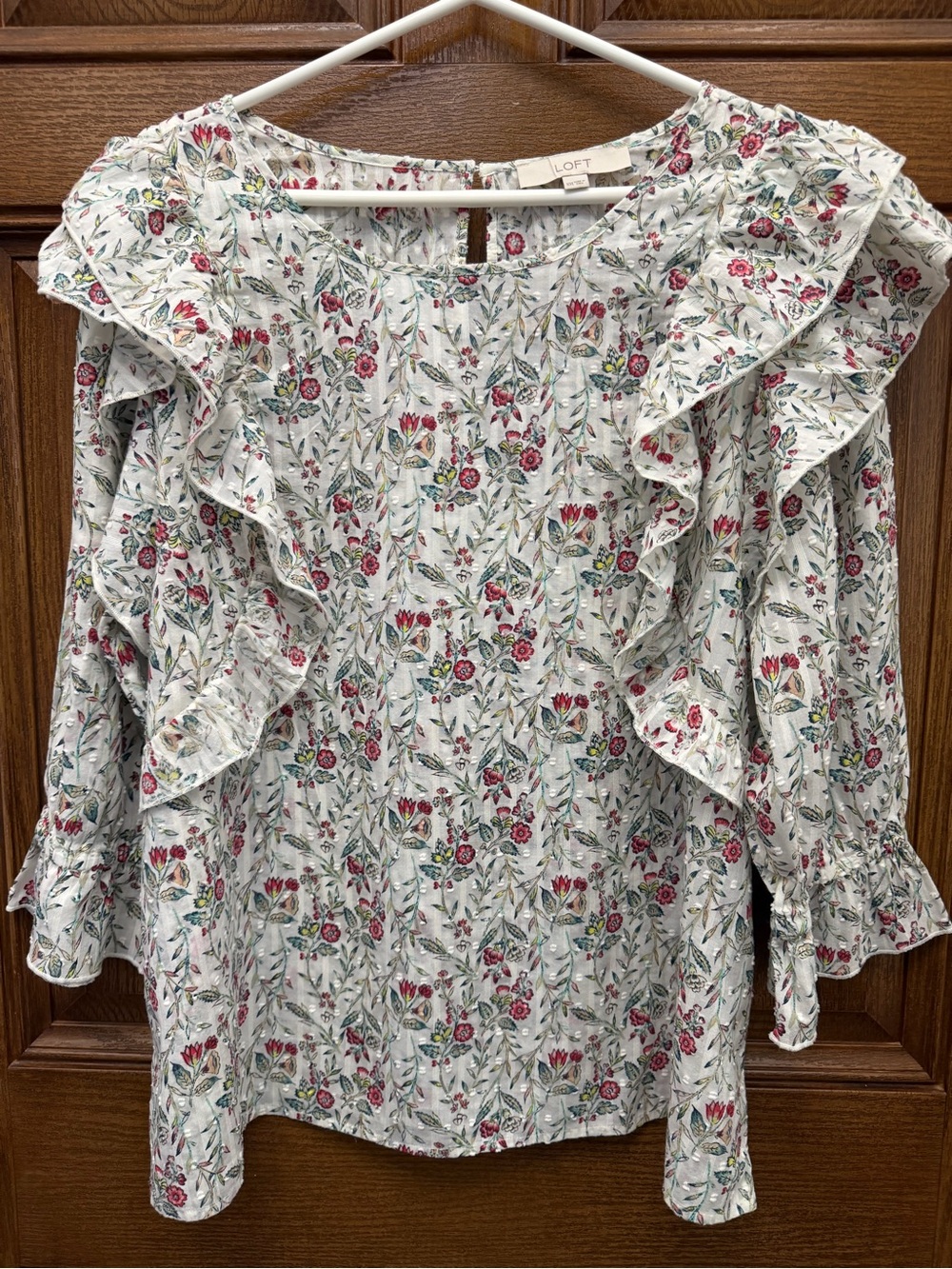 LOFT White Floral Ruffle Blouse with Red & Green Print ,100% Cotton